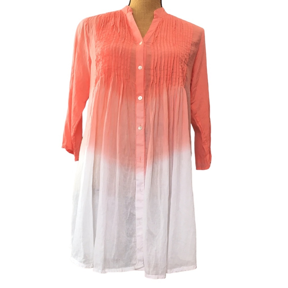 Lara Ethnics Rose White Button Up Sleeves 3/4 Adjustable Tunic Top Shirt S/M